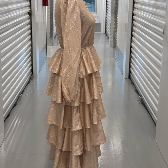 Mazik Tan Blush Pink Gold Ruffled Tiered Gown with Mandarin Collar - Picture 12 of 15